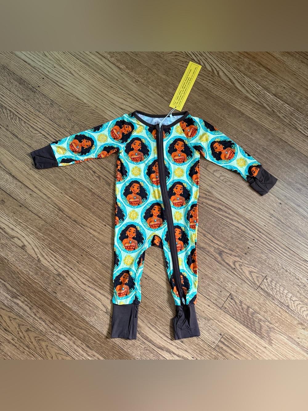 NWT Disney Moana Print Aqua & Brown Kids One-Piece Bamboo Romper size 12-18 m